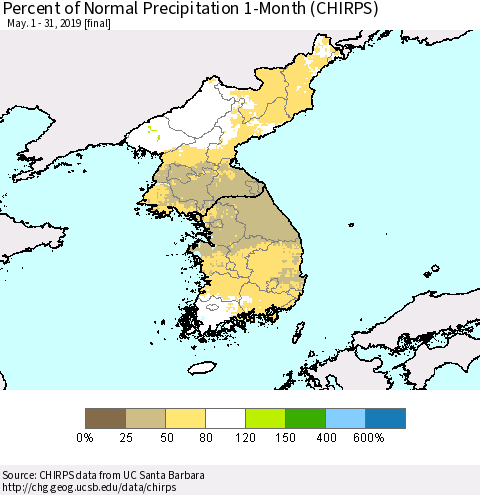 Korea Percent of Normal Precipitation 1-Month (CHIRPS) Thematic Map For 5/1/2019 - 5/31/2019