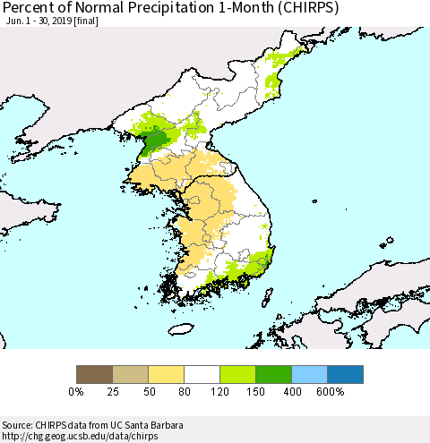 Korea Percent of Normal Precipitation 1-Month (CHIRPS) Thematic Map For 6/1/2019 - 6/30/2019
