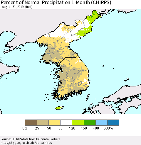 Korea Percent of Normal Precipitation 1-Month (CHIRPS) Thematic Map For 8/1/2019 - 8/31/2019