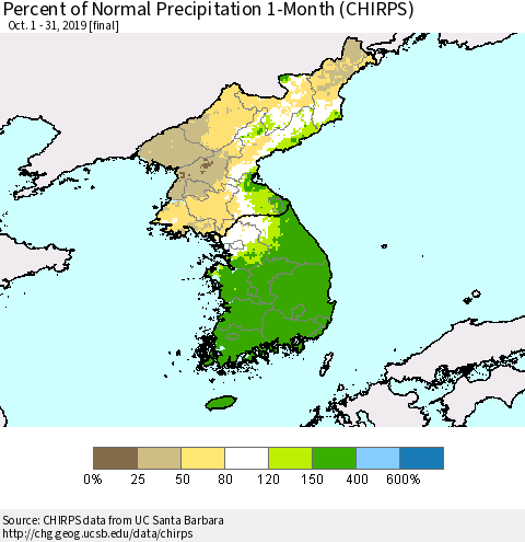 Korea Percent of Normal Precipitation 1-Month (CHIRPS) Thematic Map For 10/1/2019 - 10/31/2019