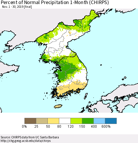 Korea Percent of Normal Precipitation 1-Month (CHIRPS) Thematic Map For 11/1/2019 - 11/30/2019