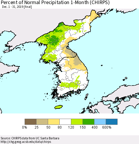 Korea Percent of Normal Precipitation 1-Month (CHIRPS) Thematic Map For 12/1/2019 - 12/31/2019