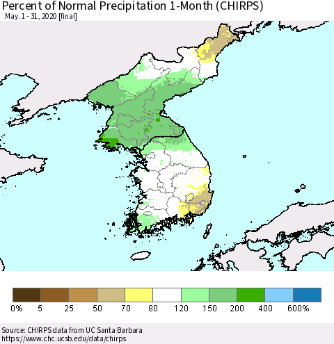 Korea Percent of Normal Precipitation 1-Month (CHIRPS) Thematic Map For 5/1/2020 - 5/31/2020