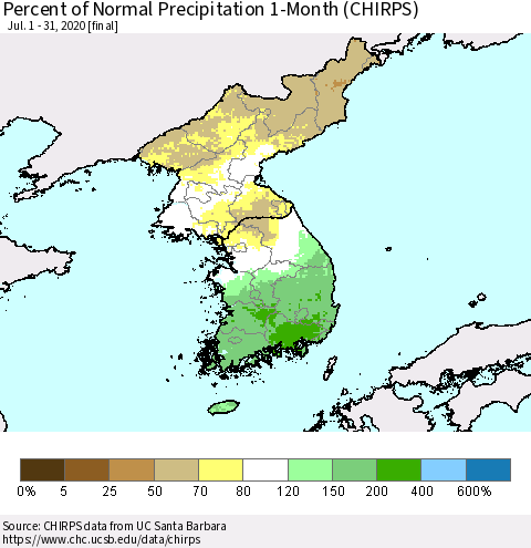 Korea Percent of Normal Precipitation 1-Month (CHIRPS) Thematic Map For 7/1/2020 - 7/31/2020