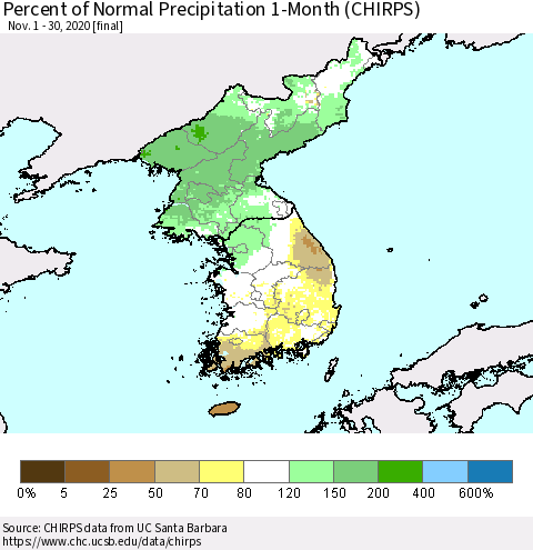 Korea Percent of Normal Precipitation 1-Month (CHIRPS) Thematic Map For 11/1/2020 - 11/30/2020