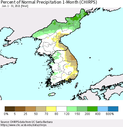 Korea Percent of Normal Precipitation 1-Month (CHIRPS) Thematic Map For 1/1/2021 - 1/31/2021