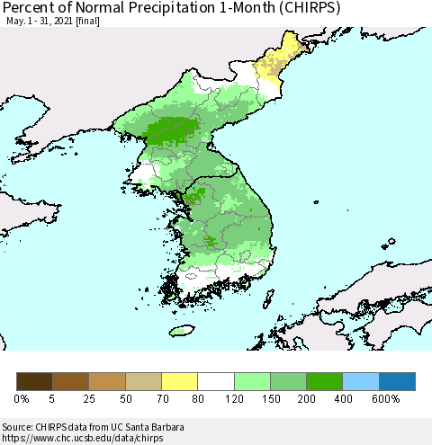 Korea Percent of Normal Precipitation 1-Month (CHIRPS) Thematic Map For 5/1/2021 - 5/31/2021