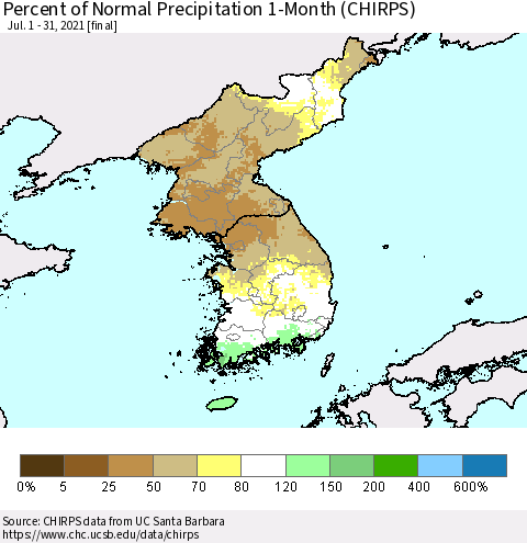 Korea Percent of Normal Precipitation 1-Month (CHIRPS) Thematic Map For 7/1/2021 - 7/31/2021