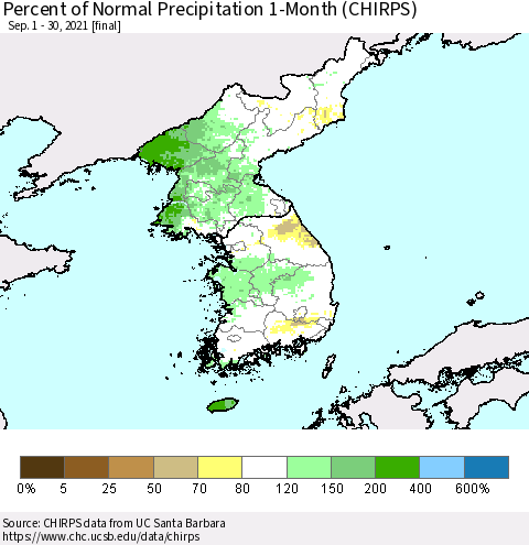 Korea Percent of Normal Precipitation 1-Month (CHIRPS) Thematic Map For 9/1/2021 - 9/30/2021