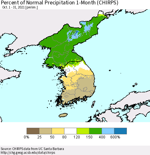 Korea Percent of Normal Precipitation 1-Month (CHIRPS) Thematic Map For 10/1/2021 - 10/31/2021