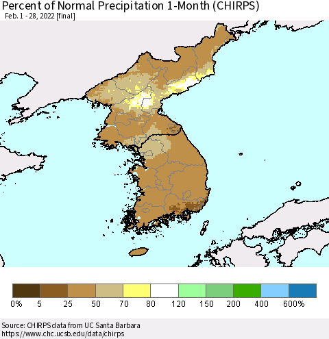 Korea Percent of Normal Precipitation 1-Month (CHIRPS) Thematic Map For 2/1/2022 - 2/28/2022
