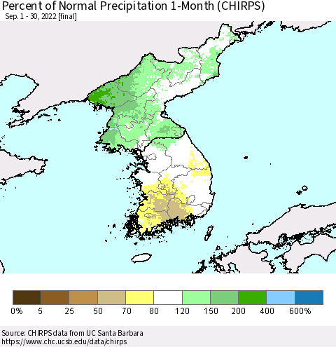 Korea Percent of Normal Precipitation 1-Month (CHIRPS) Thematic Map For 9/1/2022 - 9/30/2022