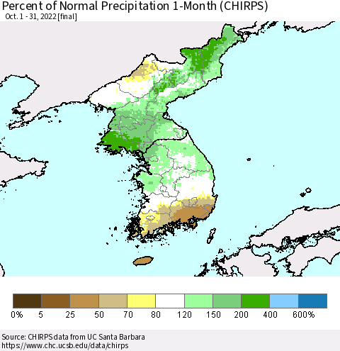 Korea Percent of Normal Precipitation 1-Month (CHIRPS) Thematic Map For 10/1/2022 - 10/31/2022
