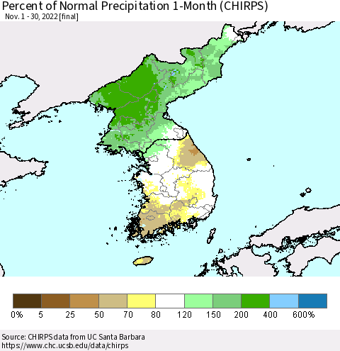 Korea Percent of Normal Precipitation 1-Month (CHIRPS) Thematic Map For 11/1/2022 - 11/30/2022