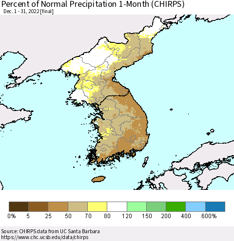 Korea Percent of Normal Precipitation 1-Month (CHIRPS) Thematic Map For 12/1/2022 - 12/31/2022