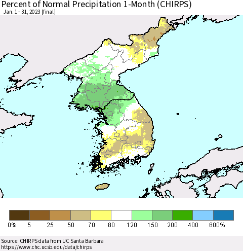 Korea Percent of Normal Precipitation 1-Month (CHIRPS) Thematic Map For 1/1/2023 - 1/31/2023