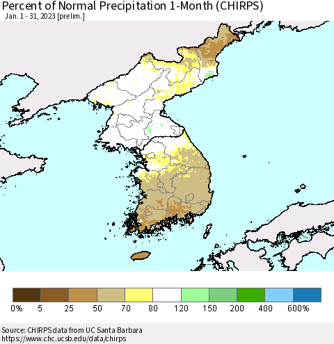 Korea Percent of Normal Precipitation 1-Month (CHIRPS) Thematic Map For 1/1/2023 - 1/31/2023