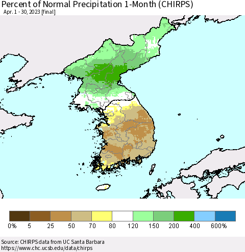 Korea Percent of Normal Precipitation 1-Month (CHIRPS) Thematic Map For 4/1/2023 - 4/30/2023