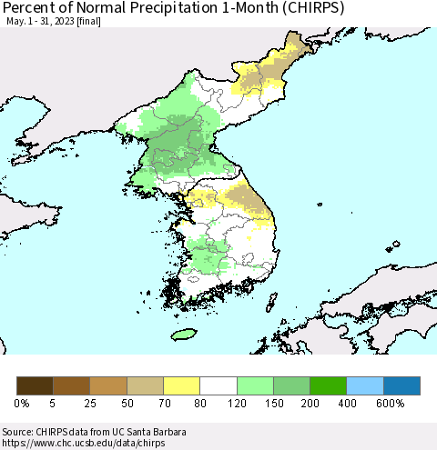 Korea Percent of Normal Precipitation 1-Month (CHIRPS) Thematic Map For 5/1/2023 - 5/31/2023