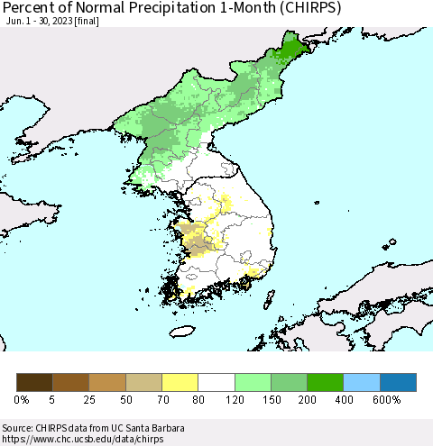 Korea Percent of Normal Precipitation 1-Month (CHIRPS) Thematic Map For 6/1/2023 - 6/30/2023