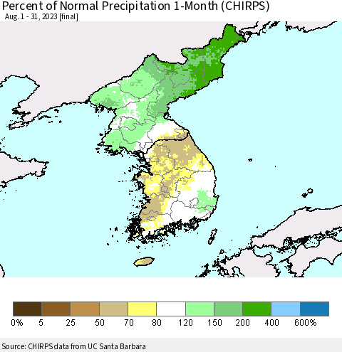 Korea Percent of Normal Precipitation 1-Month (CHIRPS) Thematic Map For 8/1/2023 - 8/31/2023