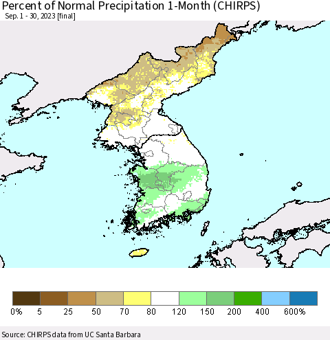 Korea Percent of Normal Precipitation 1-Month (CHIRPS) Thematic Map For 9/1/2023 - 9/30/2023