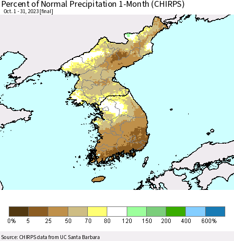 Korea Percent of Normal Precipitation 1-Month (CHIRPS) Thematic Map For 10/1/2023 - 10/31/2023