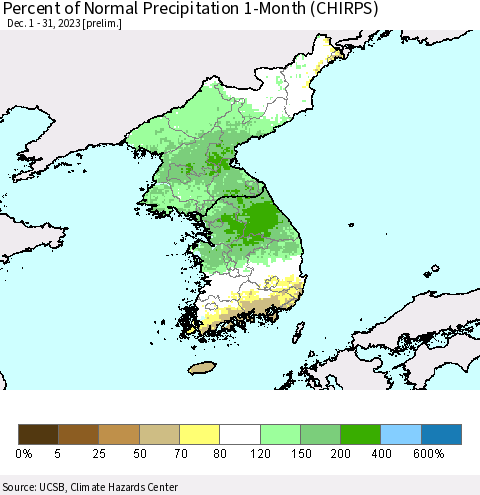 Korea Percent of Normal Precipitation 1-Month (CHIRPS) Thematic Map For 12/1/2023 - 12/31/2023
