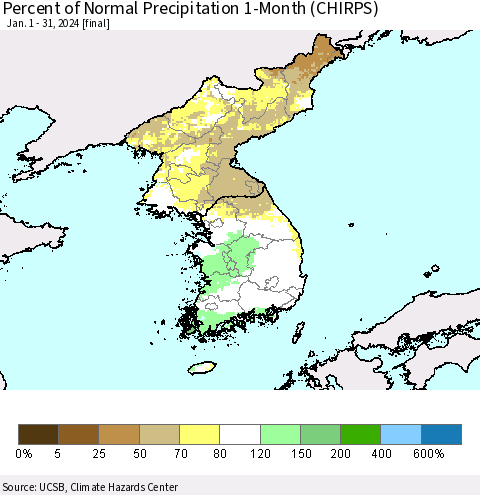 Korea Percent of Normal Precipitation 1-Month (CHIRPS) Thematic Map For 1/1/2024 - 1/31/2024