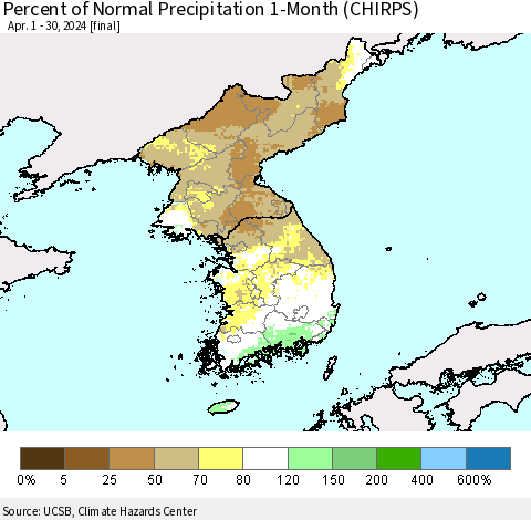 Korea Percent of Normal Precipitation 1-Month (CHIRPS) Thematic Map For 4/1/2024 - 4/30/2024