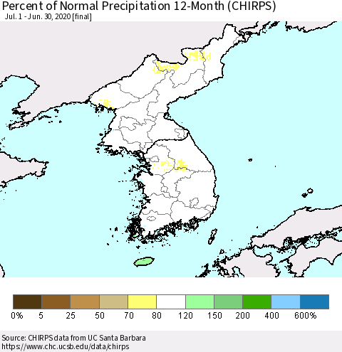 Korea Percent of Normal Precipitation 12-Month (CHIRPS) Thematic Map For 7/1/2019 - 6/30/2020