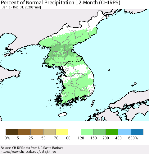 Korea Percent of Normal Precipitation 12-Month (CHIRPS) Thematic Map For 1/1/2020 - 12/31/2020