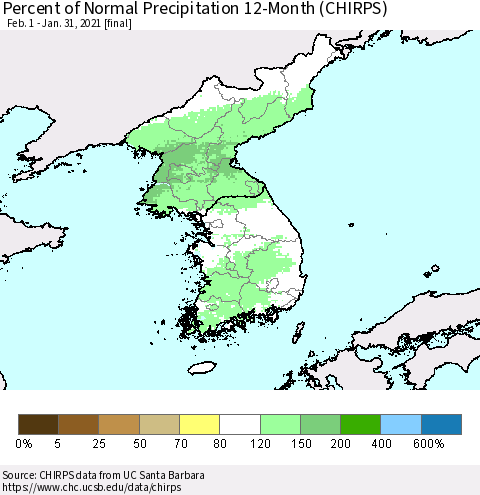 Korea Percent of Normal Precipitation 12-Month (CHIRPS) Thematic Map For 2/1/2020 - 1/31/2021