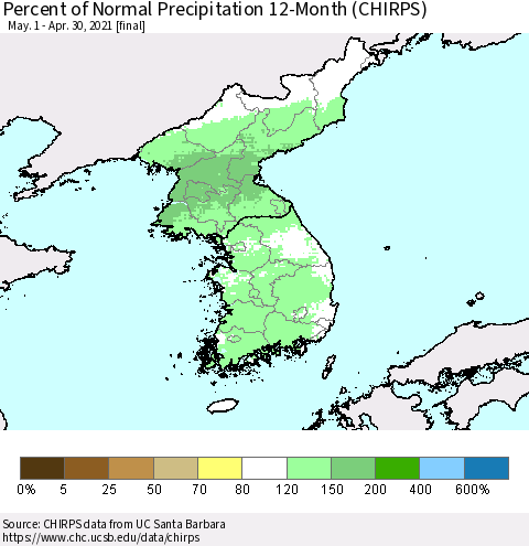Korea Percent of Normal Precipitation 12-Month (CHIRPS) Thematic Map For 5/1/2020 - 4/30/2021