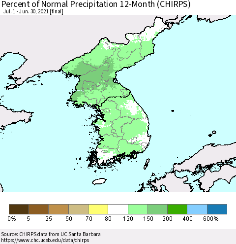 Korea Percent of Normal Precipitation 12-Month (CHIRPS) Thematic Map For 7/1/2020 - 6/30/2021