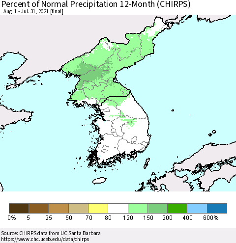 Korea Percent of Normal Precipitation 12-Month (CHIRPS) Thematic Map For 8/1/2020 - 7/31/2021