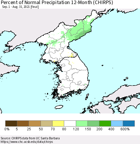 Korea Percent of Normal Precipitation 12-Month (CHIRPS) Thematic Map For 9/1/2020 - 8/31/2021