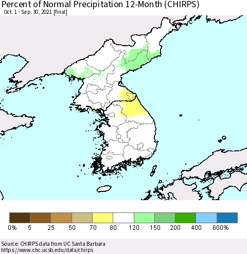 Korea Percent of Normal Precipitation 12-Month (CHIRPS) Thematic Map For 10/1/2020 - 9/30/2021
