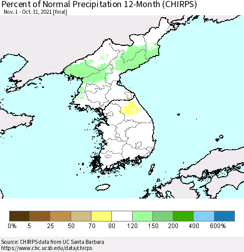 Korea Percent of Normal Precipitation 12-Month (CHIRPS) Thematic Map For 11/1/2020 - 10/31/2021