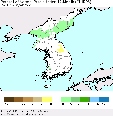 Korea Percent of Normal Precipitation 12-Month (CHIRPS) Thematic Map For 12/1/2020 - 11/30/2021