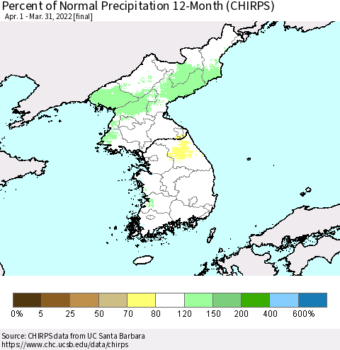Korea Percent of Normal Precipitation 12-Month (CHIRPS) Thematic Map For 4/1/2021 - 3/31/2022