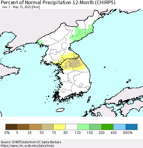 Korea Percent of Normal Precipitation 12-Month (CHIRPS) Thematic Map For 6/1/2021 - 5/31/2022