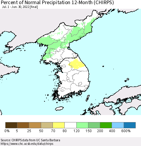 Korea Percent of Normal Precipitation 12-Month (CHIRPS) Thematic Map For 7/1/2021 - 6/30/2022