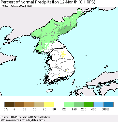 Korea Percent of Normal Precipitation 12-Month (CHIRPS) Thematic Map For 8/1/2021 - 7/31/2022