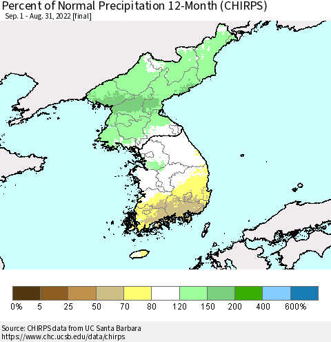Korea Percent of Normal Precipitation 12-Month (CHIRPS) Thematic Map For 9/1/2021 - 8/31/2022