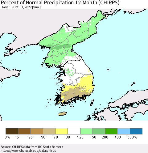 Korea Percent of Normal Precipitation 12-Month (CHIRPS) Thematic Map For 11/1/2021 - 10/31/2022