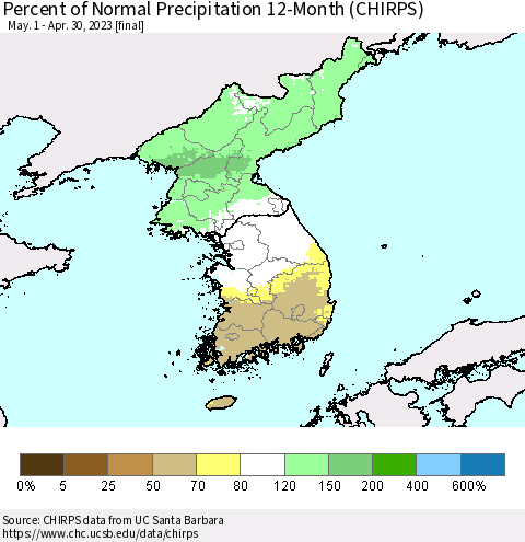 Korea Percent of Normal Precipitation 12-Month (CHIRPS) Thematic Map For 5/1/2022 - 4/30/2023
