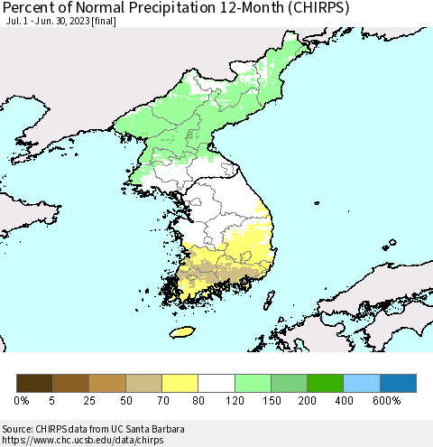 Korea Percent of Normal Precipitation 12-Month (CHIRPS) Thematic Map For 7/1/2022 - 6/30/2023