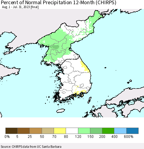 Korea Percent of Normal Precipitation 12-Month (CHIRPS) Thematic Map For 8/1/2022 - 7/31/2023
