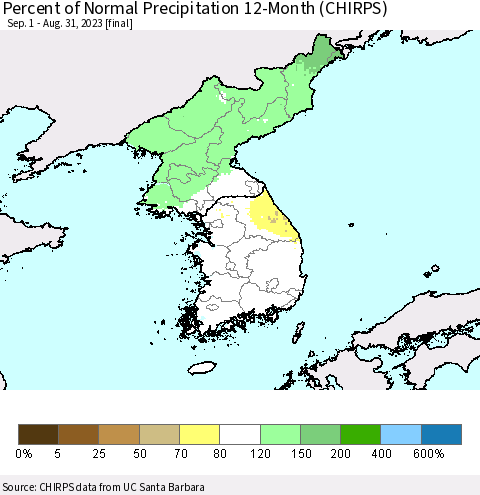Korea Percent of Normal Precipitation 12-Month (CHIRPS) Thematic Map For 9/1/2022 - 8/31/2023